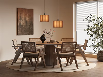 Round Wooden Dining Table Set With Rattan Chairs Pendant Lights Wall Art And Indoor Plant 3d model