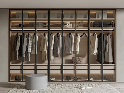 Modern Glass Door Wardrobe Interior With Hanging Clothes Built in Lighting And Shoe Storage 3d model