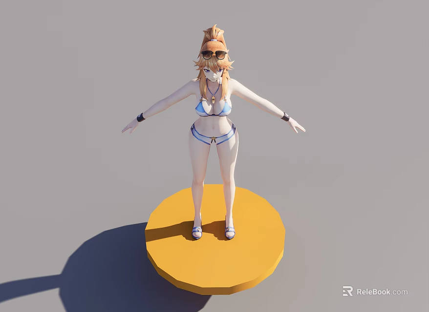 Woman in Bikini with Sunglasses Standing on Yellow Round Platform Arms Outstretched 3d model 
