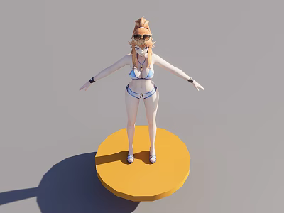 Woman in Bikini with Sunglasses Standing on Yellow Round Platform Arms Outstretched 3d model
