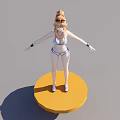 Woman in Bikini with Sunglasses Standing on Yellow Round Platform Arms Outstretched