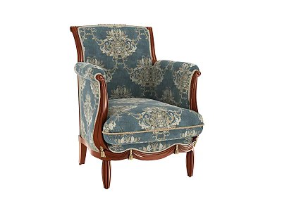 Antique Accent Chair With Carved Wooden Frame And Blue Beige Damask Upholstery 3d model