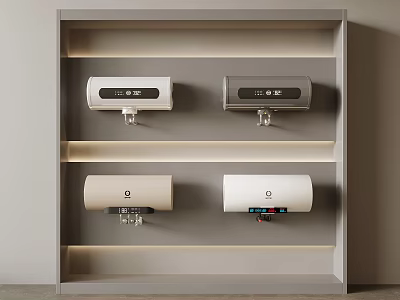Four Modern Electric Water Heaters With Different Styles On Display Shelf 3d model
