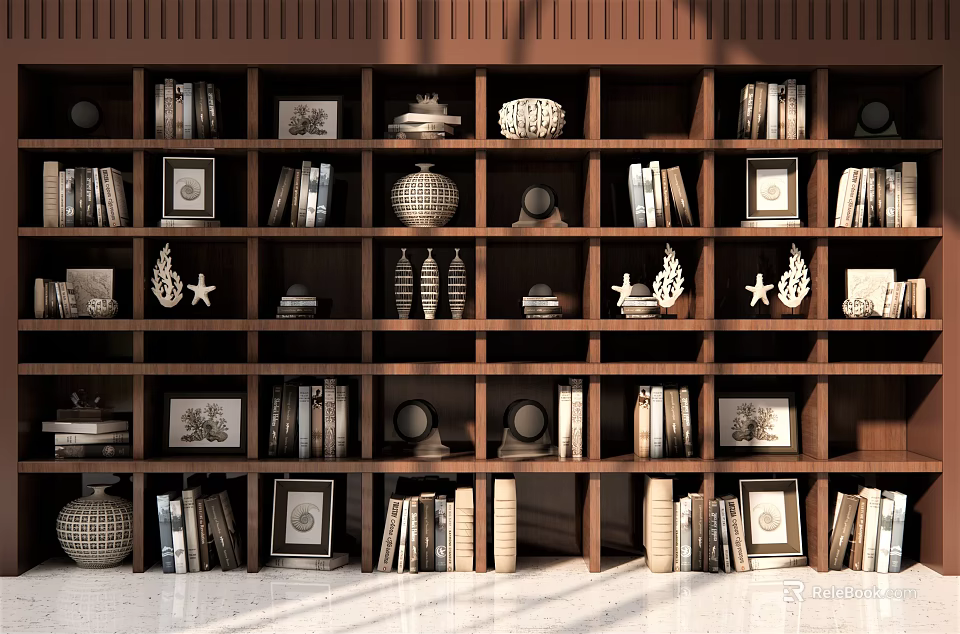 Elegant Decorative Ornaments Set on Wooden Shelf with Photo Frames Vases Seashells Books Stacked Plates 3d model 