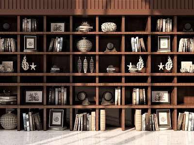 Elegant Decorative Ornaments Set on Wooden Shelf with Photo Frames Vases Seashells Books Stacked Plates 3d model