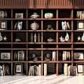 Elegant Decorative Ornaments Set on Wooden Shelf with Photo Frames Vases Seashells Books Stacked Plates