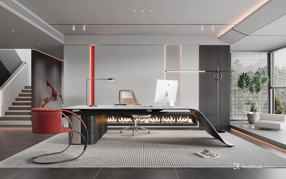 Modern Office Interior With Black Desk Red Chair Computer And Green Plant 3d model 