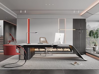 Modern Office Interior With Black Desk Red Chair Computer And Green Plant 3d model