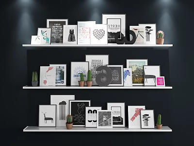 Abstract Paintings Display On White Shelves With Small Potted Plants And Decor 3d model