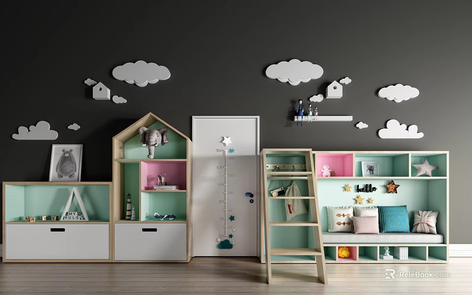 Kids Desk With Cloud Wall Decor And Storage Shelves In Playful Kids Room 3d model 