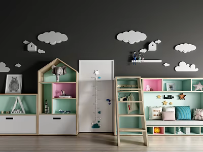Kids Desk With Cloud Wall Decor And Storage Shelves In Playful Kids Room 3d model