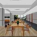 Spacious Bright Room With Wooden Table Light Chairs Green Plant And Large Windows