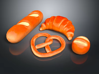 Assorted Fresh Breads Including Baguette Croissant Pretzel And Small Bun On Black Reflective Surface 3d model