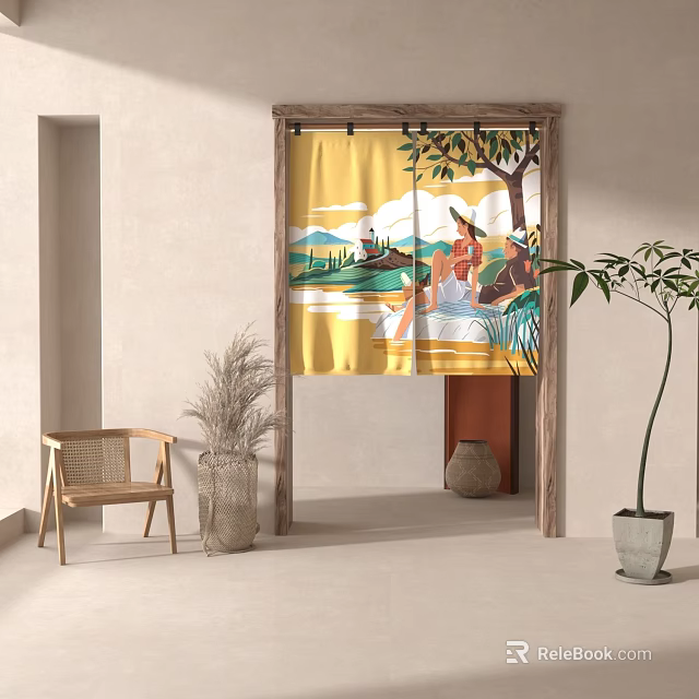 Yellow Curtain With Scenic Landscape Pattern In Wooden Framed Doorway Room Interior 3d model 