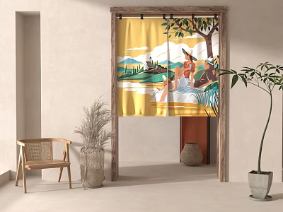 Yellow Curtain With Scenic Landscape Pattern In Wooden Framed Doorway Room Interior 3d model