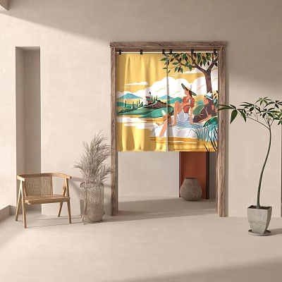 Yellow Curtain With Scenic Landscape Pattern In Wooden Framed Doorway Room Interior 3d model