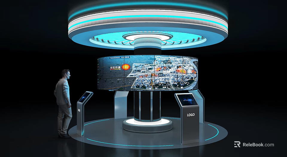 Man Interacting with Tech Display Station Large Screen Data Map Visualization and Illuminated Circular Design 3d model