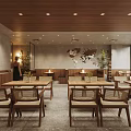 Rustic Restaurant Interior With Wooden Tables Chairs Wooden Ceiling And Mural Art