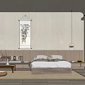 Minimalist Hotel Guest Room With Wooden Furniture Bed Wall Painting And Area Rug