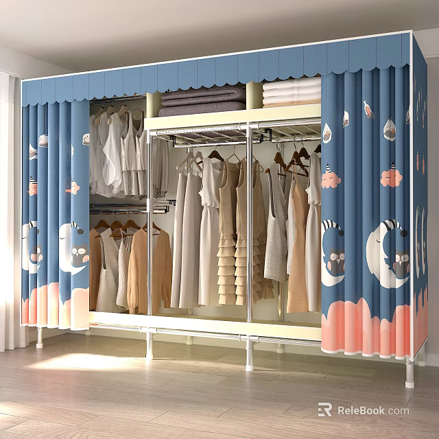 Open Closet Featuring Blue Curtains With Moon Star Animal Patterns And Hanging Clothes Folded Items 3d model 