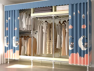Open Closet Featuring Blue Curtains With Moon Star Animal Patterns And Hanging Clothes Folded Items 3d model