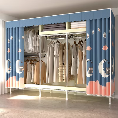 Open Closet Featuring Blue Curtains With Moon Star Animal Patterns And Hanging Clothes Folded Items 3d model