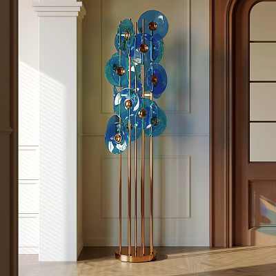 Modern Floor Lamp With Blue Glass Discs And Metal Stand For Interior Decor 3d model