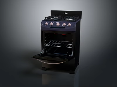 Gas Stove with Oven Open Door Grill Rack and Four Burners 3d model