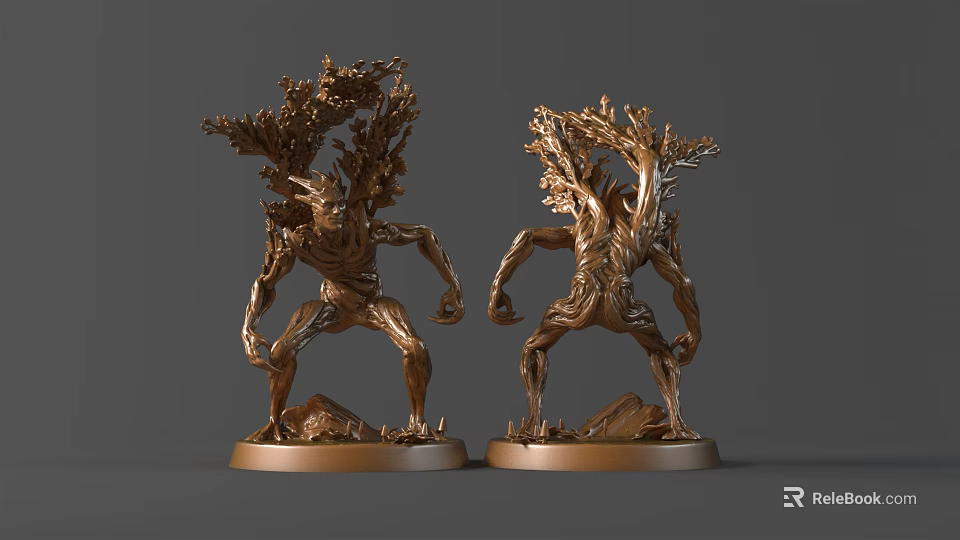 Two Bronze Tree Creature Statues With Humanoid Body And Branch Details On Pedestals 3d model 