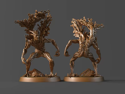 Two Bronze Tree Creature Statues With Humanoid Body And Branch Details On Pedestals 3d model
