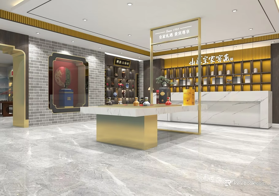 Tobacco and Liquor Store Interior with Golden Display Shelves Wine Tea Products and Marble Counter 3d model 