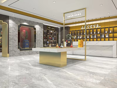 Tobacco and Liquor Store Interior with Golden Display Shelves Wine Tea Products and Marble Counter 3d model