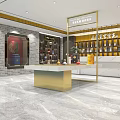 Tobacco and Liquor Store Interior with Golden Display Shelves Wine Tea Products and Marble Counter