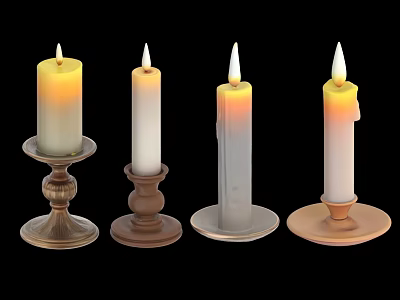 Decorative Lit Candles with Various Metal and Wooden Candle Holders 3d model
