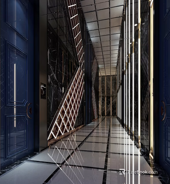 KTV Corridor Design With Diamond Patterned Marble Walls Dark Blue Doors And Strip Lights 3d model 