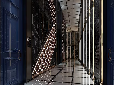 KTV Corridor Design With Diamond Patterned Marble Walls Dark Blue Doors And Strip Lights 3d model