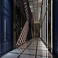 KTV Corridor Design With Diamond Patterned Marble Walls Dark Blue Doors And Strip Lights