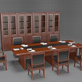 Wooden Conference Table with Black Leather Chairs and Glass Door Wooden Cabinet in Office Setting