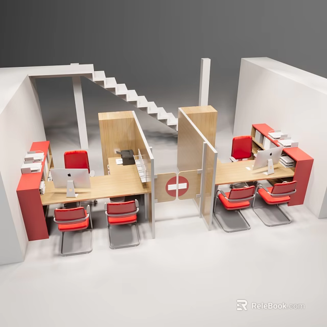 Modern Office Workspace With Multiple Work Desks Red Chairs Computers And Partition Dividers 3d model 