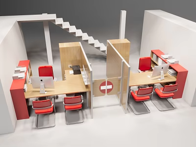 Modern Office Workspace With Multiple Work Desks Red Chairs Computers And Partition Dividers 3d model
