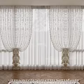 Elegant White Lace Curtains At Window With Intricate Patterns Fringe Tassels And Woven Rug