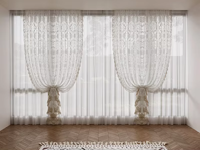 Elegant White Lace Curtains At Window With Intricate Patterns Fringe Tassels And Woven Rug 3d model