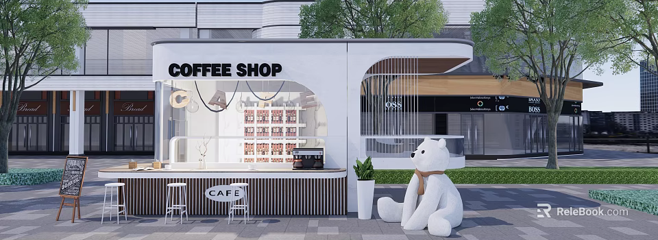 Modern Coffee Shop Exterior With White Bear Statue Outdoor Seating And Green Plants 3d model 