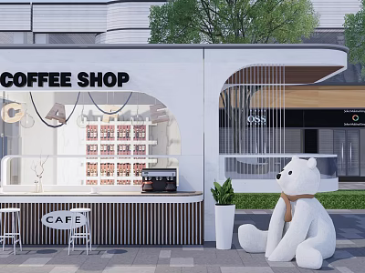 Modern Coffee Shop Exterior With White Bear Statue Outdoor Seating And Green Plants 3d model