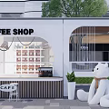 Modern Coffee Shop Exterior With White Bear Statue Outdoor Seating And Green Plants