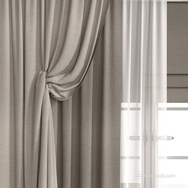 Elegant Gray Curtains With White Sheer And Tied Design For Home Window 3d model 