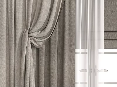 Elegant Gray Curtains With White Sheer And Tied Design For Home Window 3d model
