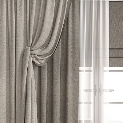 Elegant Gray Curtains With White Sheer And Tied Design For Home Window 3d model