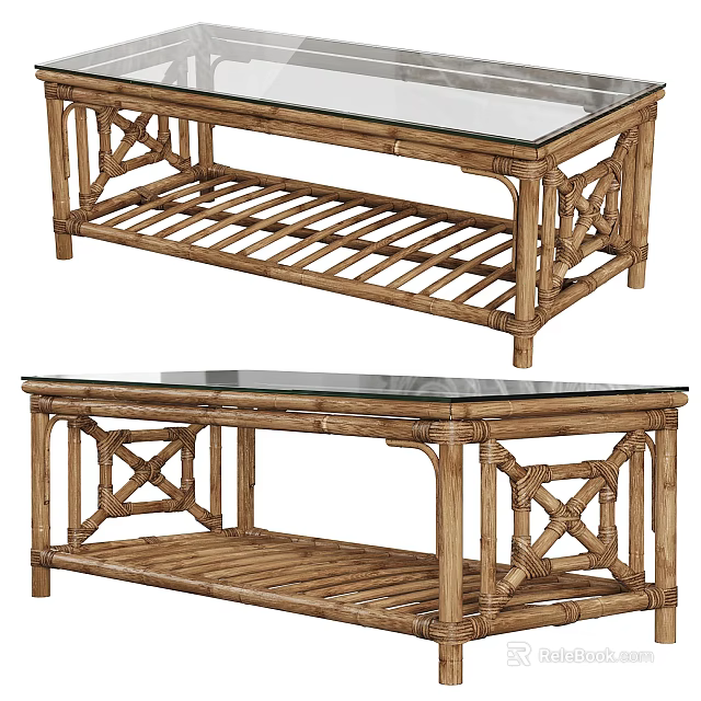 Natural Rattan Coffee Table With Glass Top And Woven Design Structure 3d model 