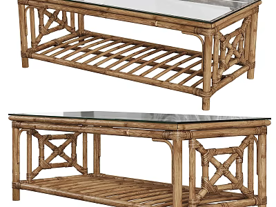 Natural Rattan Coffee Table With Glass Top And Woven Design Structure 3d model